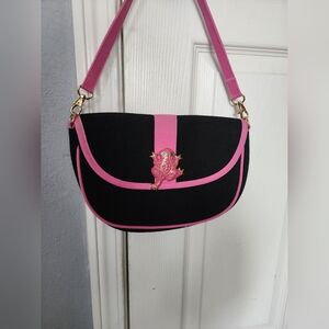 Black and Pink Shoulder Bag with Decorative Frog Accent Buzz By Jane Fox Rare